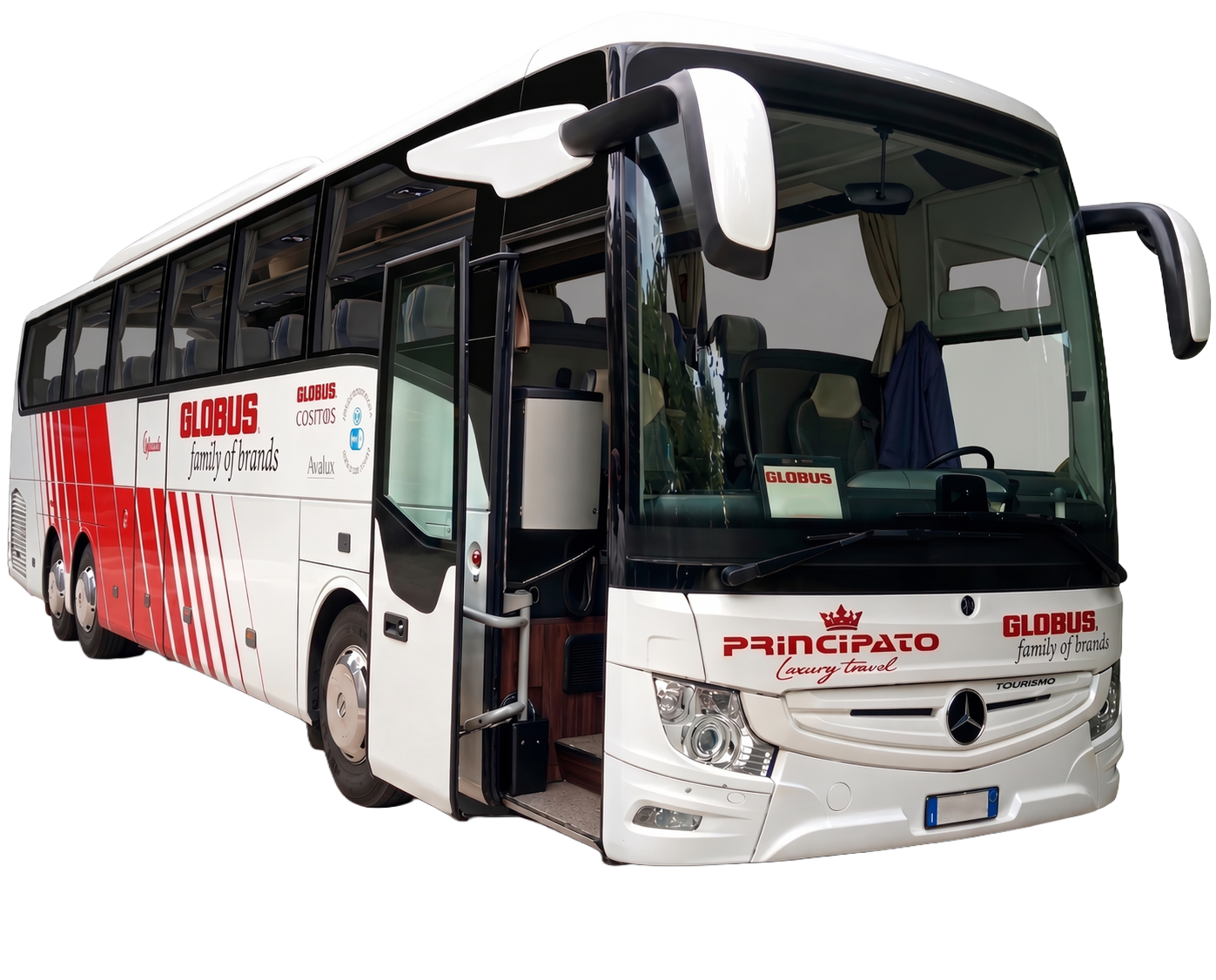 Mercedes-Benz Tourismo RHD in livrea Globus — coach luxury della flotta Principato